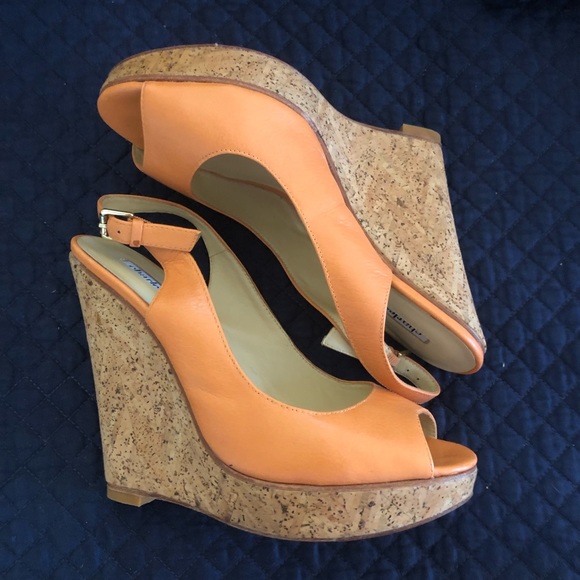 Charles David Orange Peep Toe Cork Heel Wedges - Size 8 - Picture 5 of 8